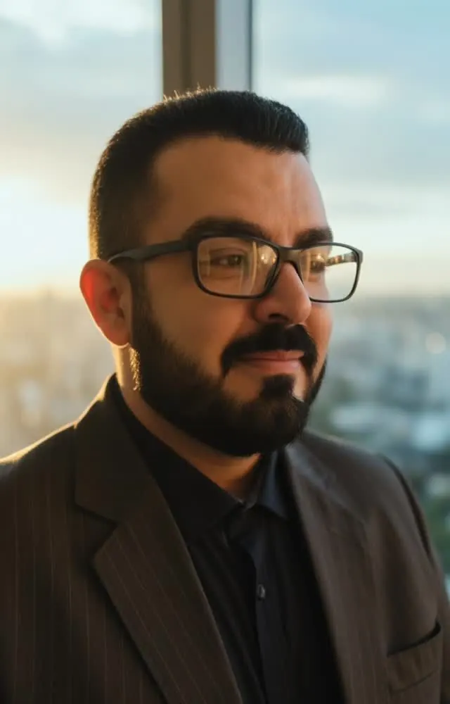 Valmir Schmoller Junior, advogado em Joinville, de terno, junto à janela